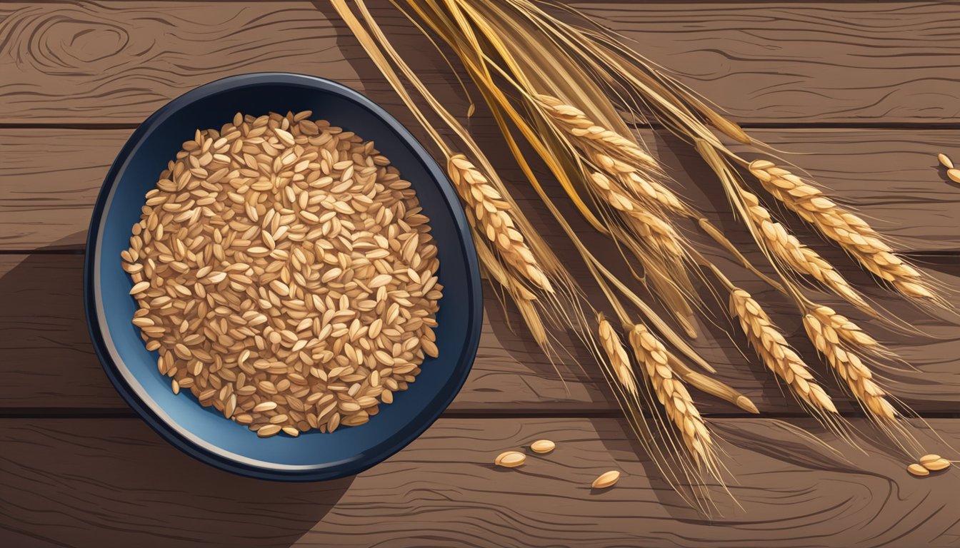 A bowl of farro grain sits on a rustic wooden table, surrounded by other grains and a few scattered stalks of wheat