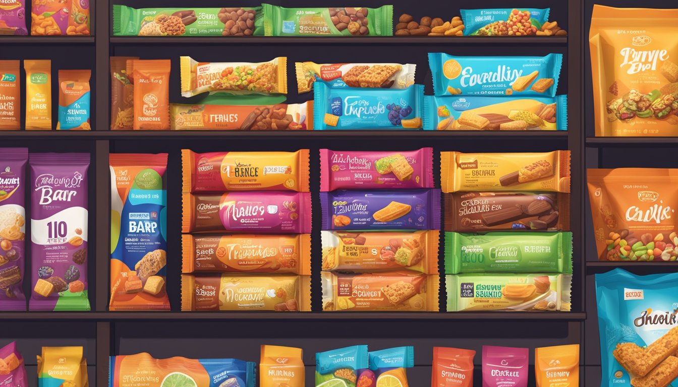 An energy bar sits on a shelf, surrounded by a variety of other snacks. The packaging is vibrant and eye-catching, with a clear expiration date printed on the label