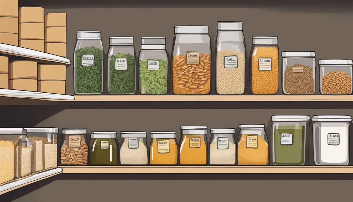 A variety of farro types arranged in a pantry, with labeling indicating their different shelf life durations