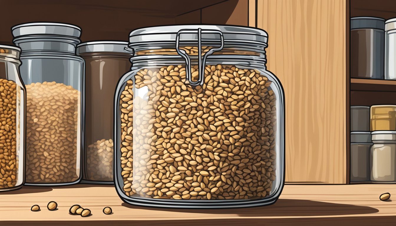 A glass jar filled with farro grains sits on a shelf next to other pantry staples. The lid is tightly sealed to ensure proper storage