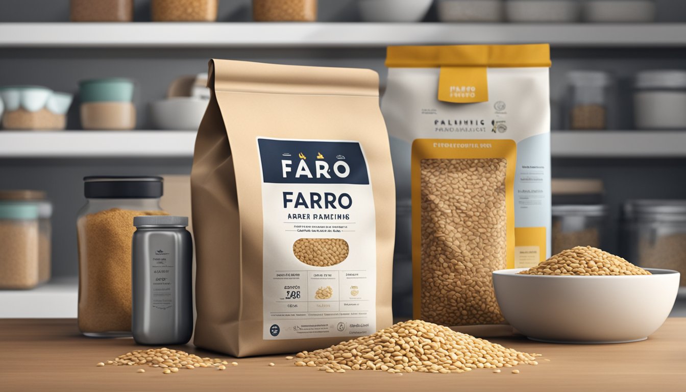 A bag of farro sits on a kitchen shelf, surrounded by other dry goods. The expiration date is visible on the packaging