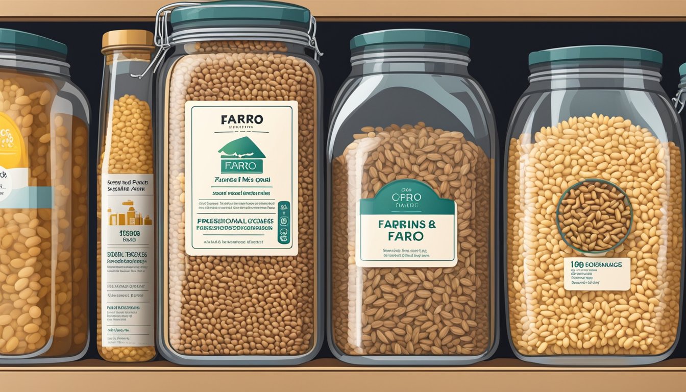 A sealed container of farro sits on a pantry shelf, surrounded by other grains and dry goods. The expiration date label is visible