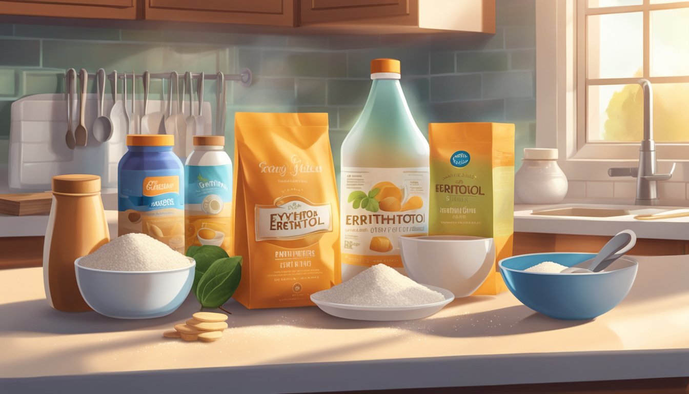 A bag of erythritol sits on a kitchen counter, surrounded by various baking ingredients and utensils. The sunlight streams in through the window, casting a warm glow on the scene