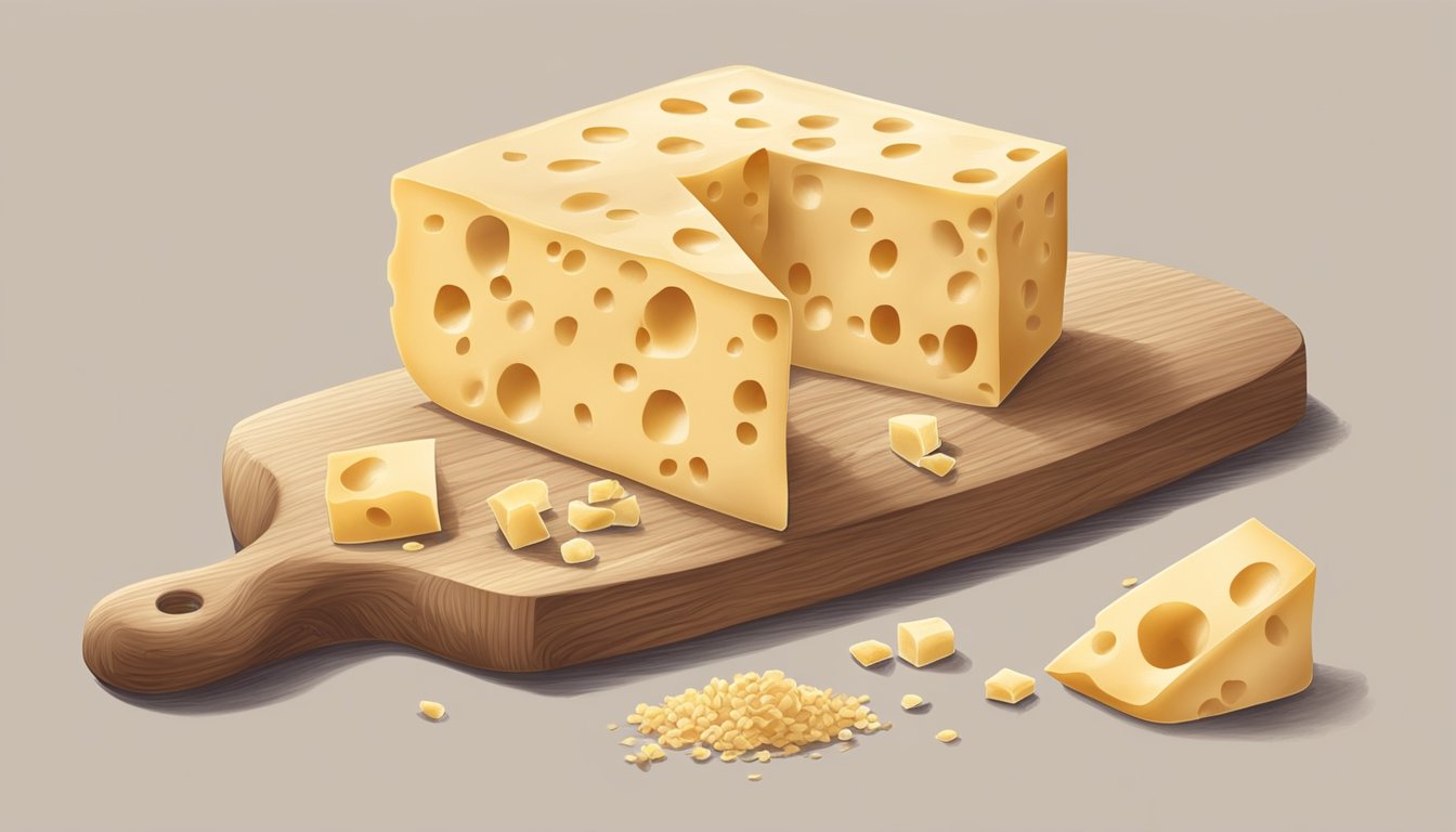 A block of Emmental cheese sits on a wooden cutting board, surrounded by a few crumbs. The cheese is partially wrapped in paper and has small holes throughout