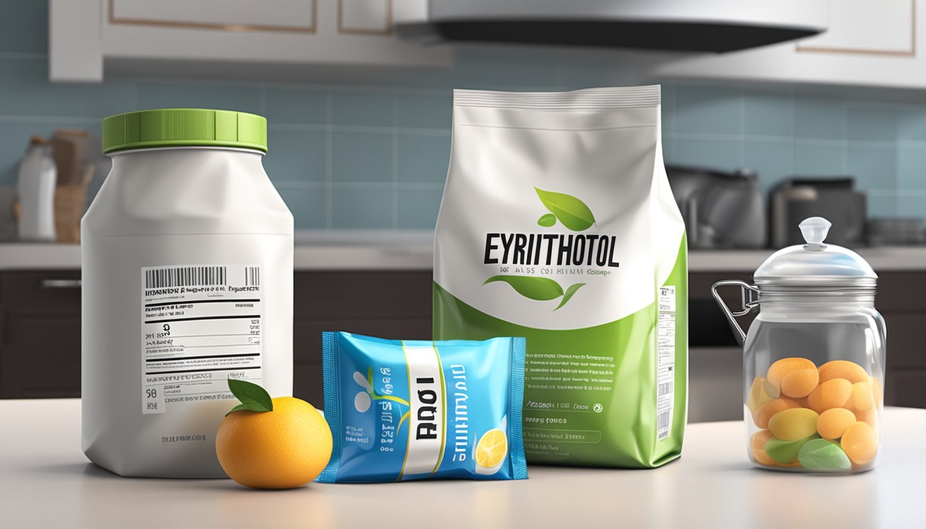 A bag of erythritol sits on a kitchen counter next to a nutrition label and a clock showing the current time