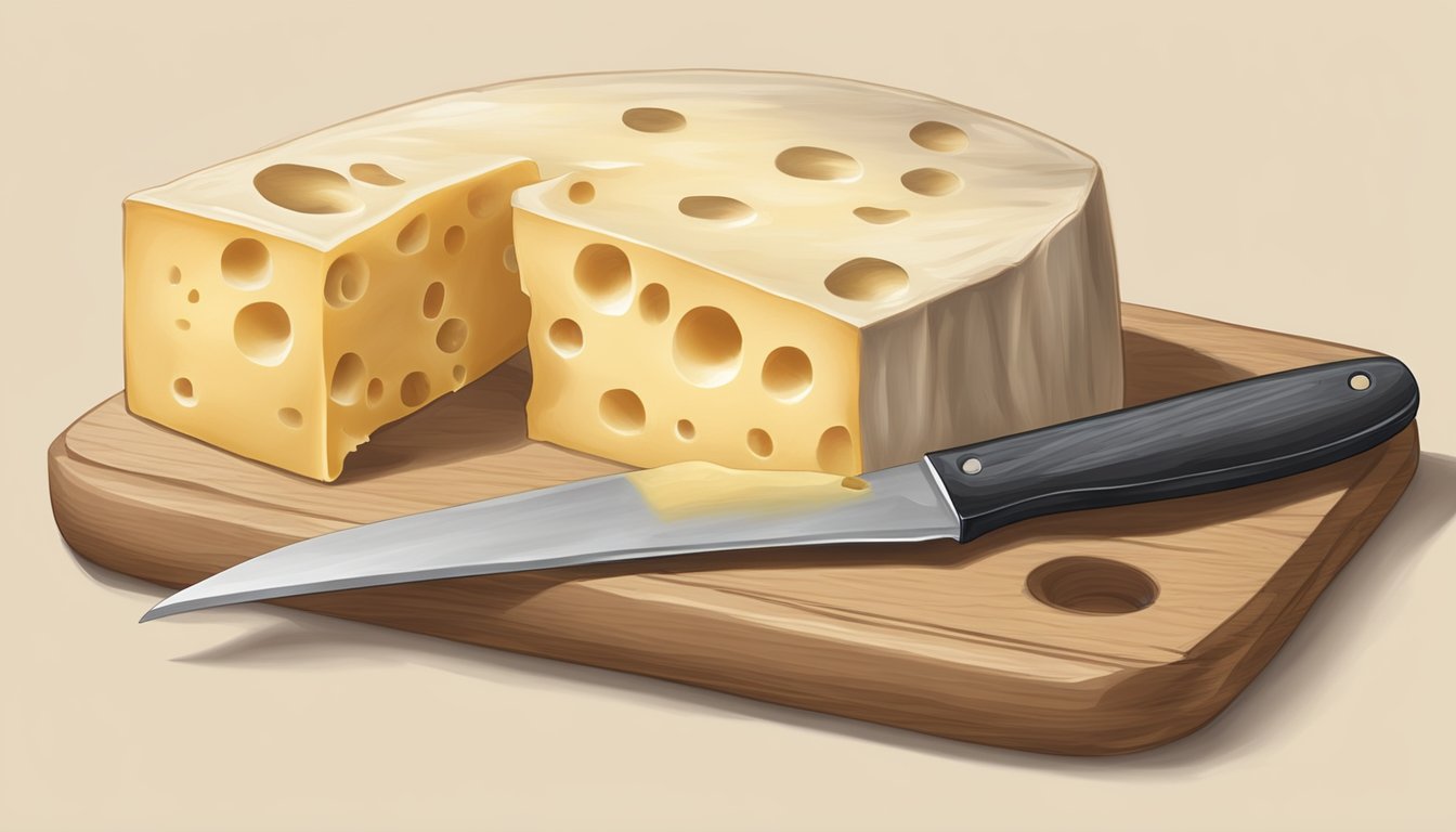 A block of Emmental cheese sits on a wooden cutting board next to a cheese knife. The cheese is partially wrapped in parchment paper and has a few holes throughout