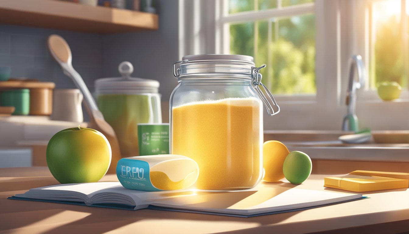 A jar of erythritol sits on a kitchen counter, next to a measuring spoon and a recipe book. The sunlight streams in through the window, illuminating the scene