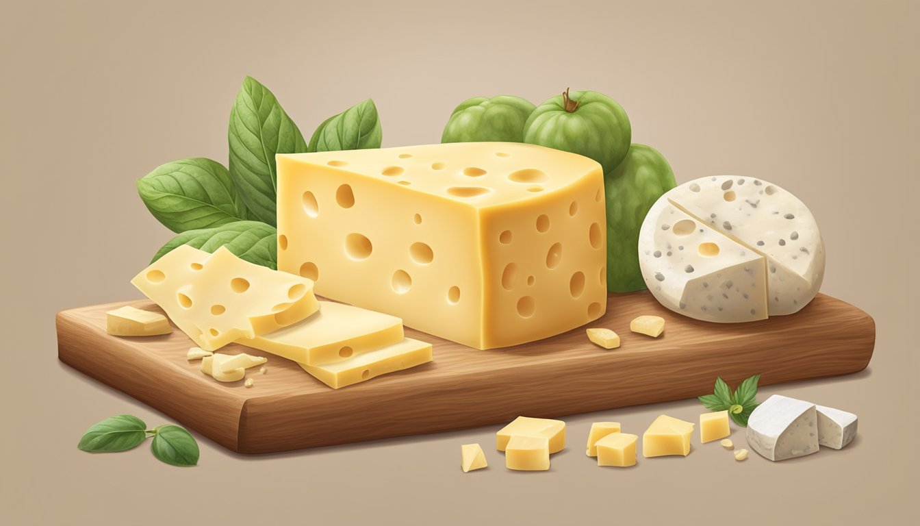 A block of Emmental cheese sits on a wooden cutting board, surrounded by a selection of other cheeses and various ingredients