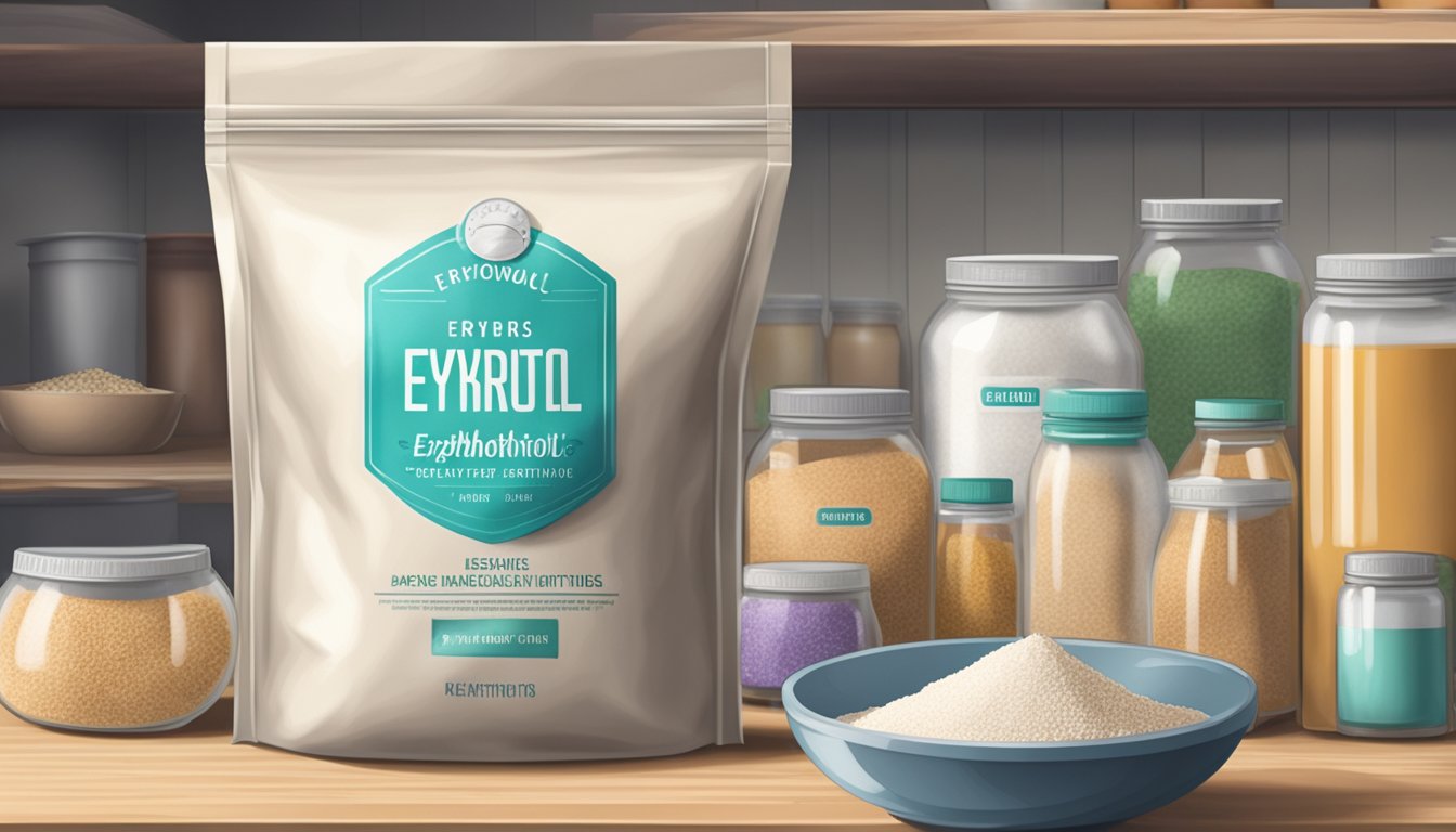 A sealed bag of erythritol sits on a shelf, surrounded by other baking ingredients. The bag is labeled with an expiration date several years in the future