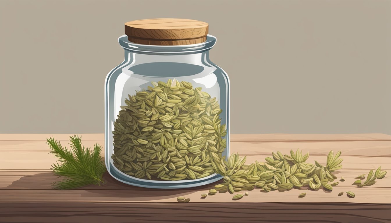 A small glass jar filled with fennel seeds sits on a rustic wooden tabletop, surrounded by scattered seeds and a few dried fennel fronds