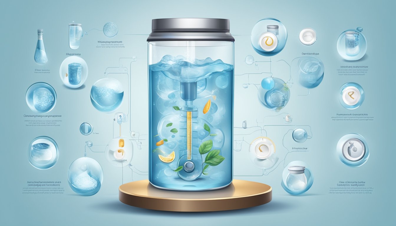 A glass of water with erythritol dissolving, surrounded by various digestive system organs and a clock to indicate the duration of its effects