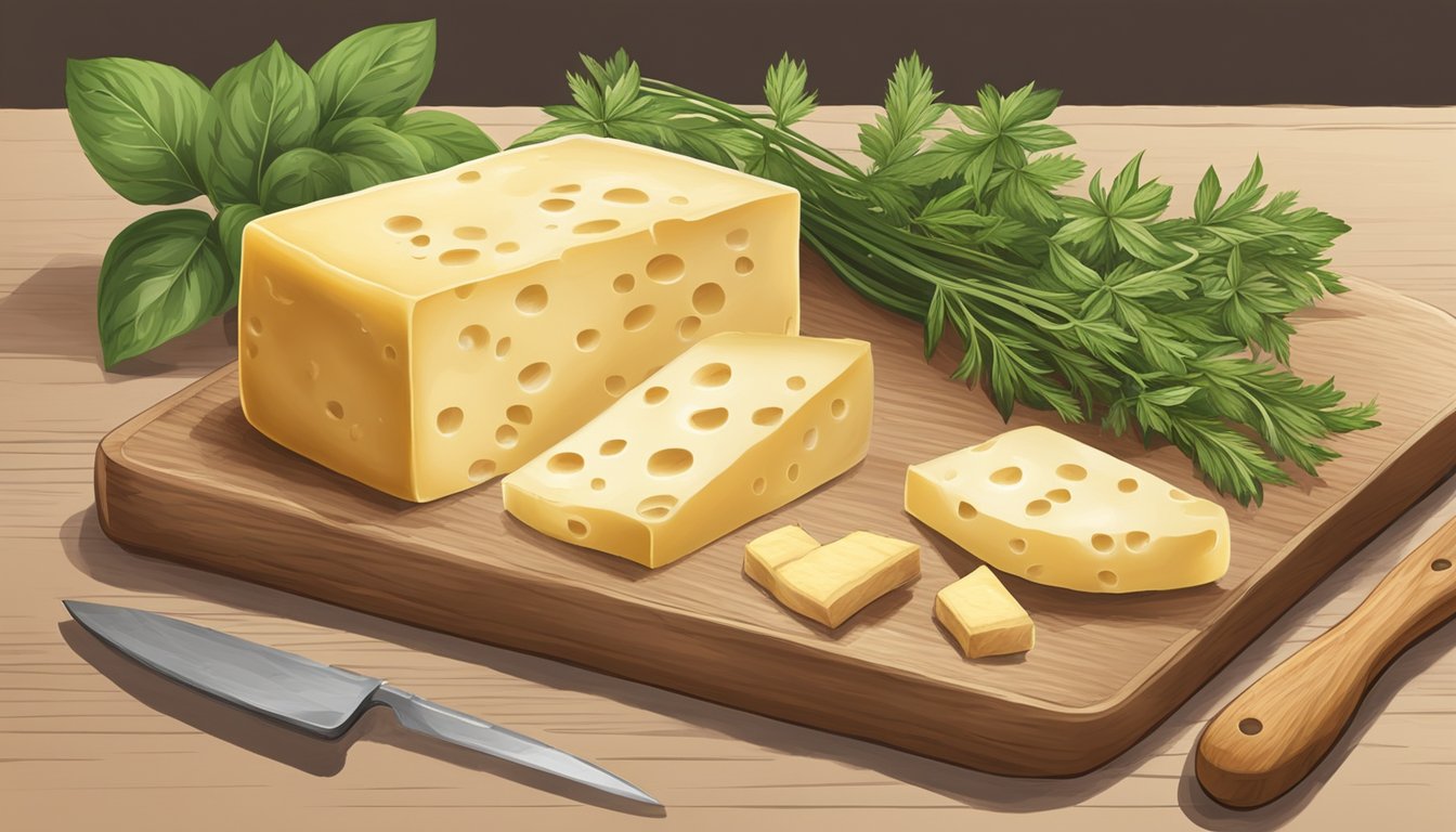 A block of Emmental cheese sits on a wooden cutting board next to a knife. The cheese is wrapped in wax paper and surrounded by fresh herbs and a wedge of crusty bread