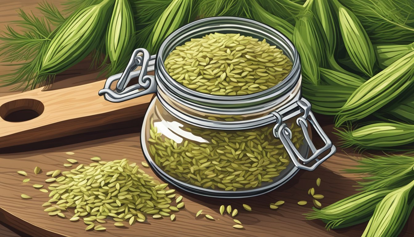 A handful of fennel seeds spilling out of a small jar onto a wooden cutting board, surrounded by fresh fennel bulbs and green fronds