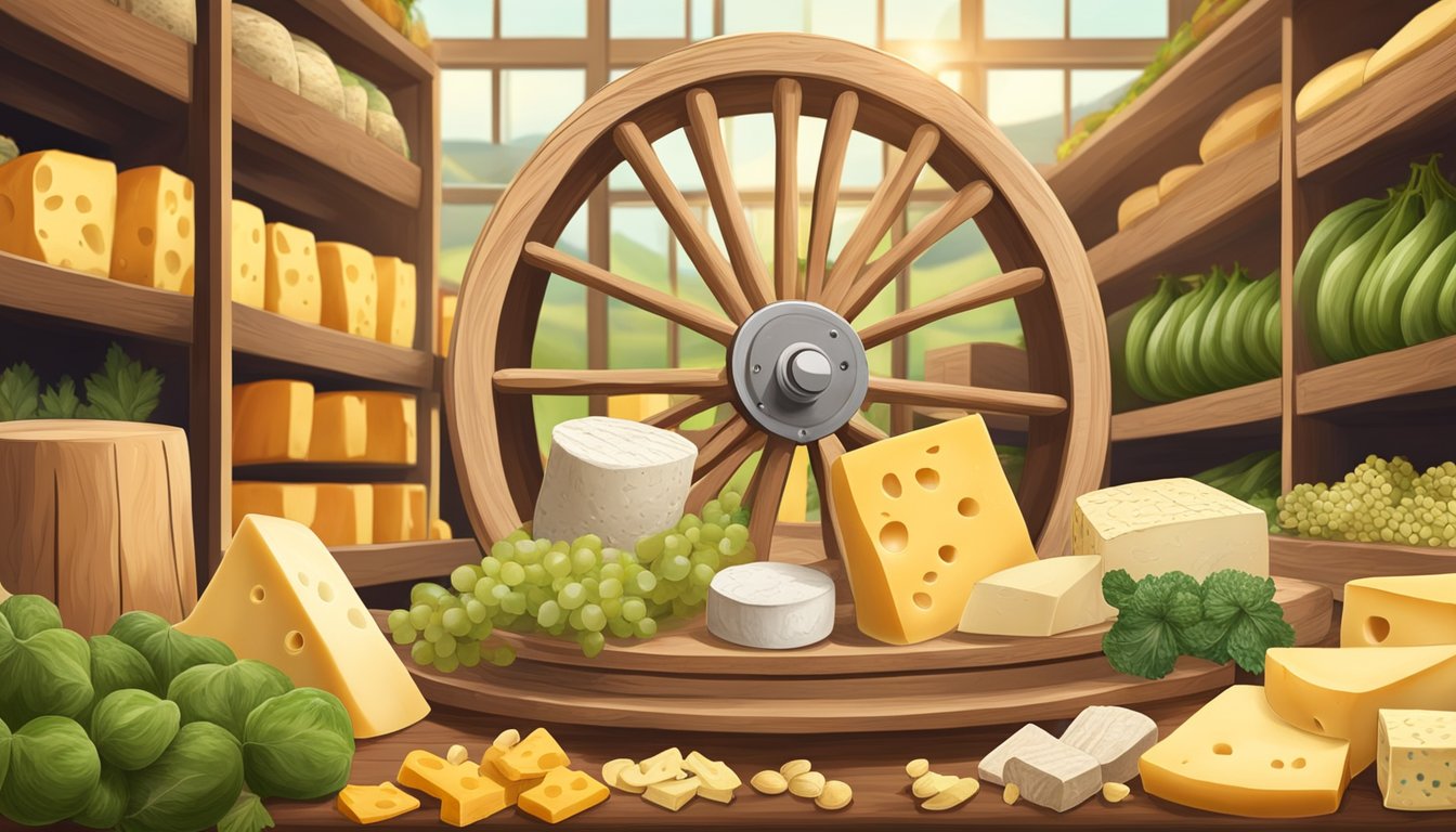 A wheel of Emmental cheese sits on a wooden display at the market, surrounded by other cheeses and fresh produce