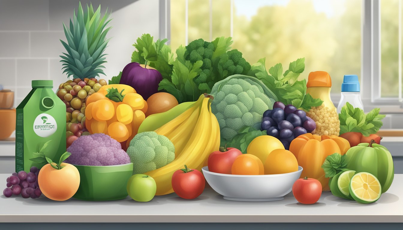 A colorful array of fresh fruits, vegetables, and grains arranged on a kitchen counter, with a bag of erythritol placed among them