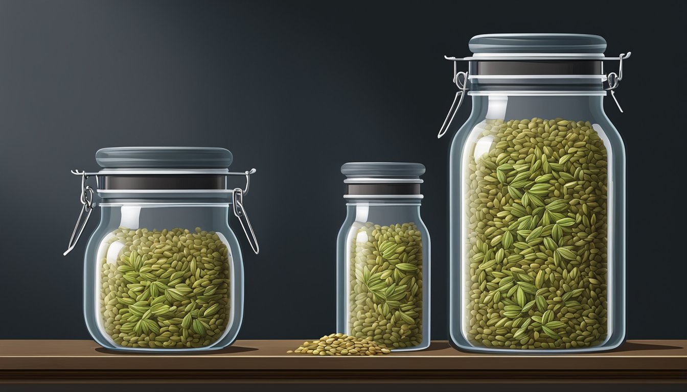 A glass jar filled with fennel seeds, sealed tightly, placed on a shelf in a cool, dark pantry