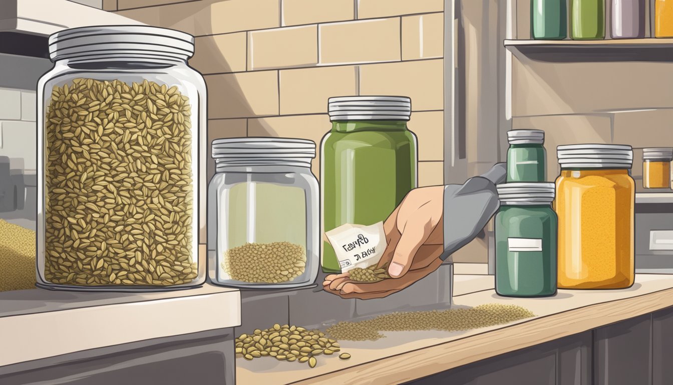 A jar of fennel seeds sits on a kitchen shelf, with a label showing the expiration date. Nearby, a hand reaches for a spice jar