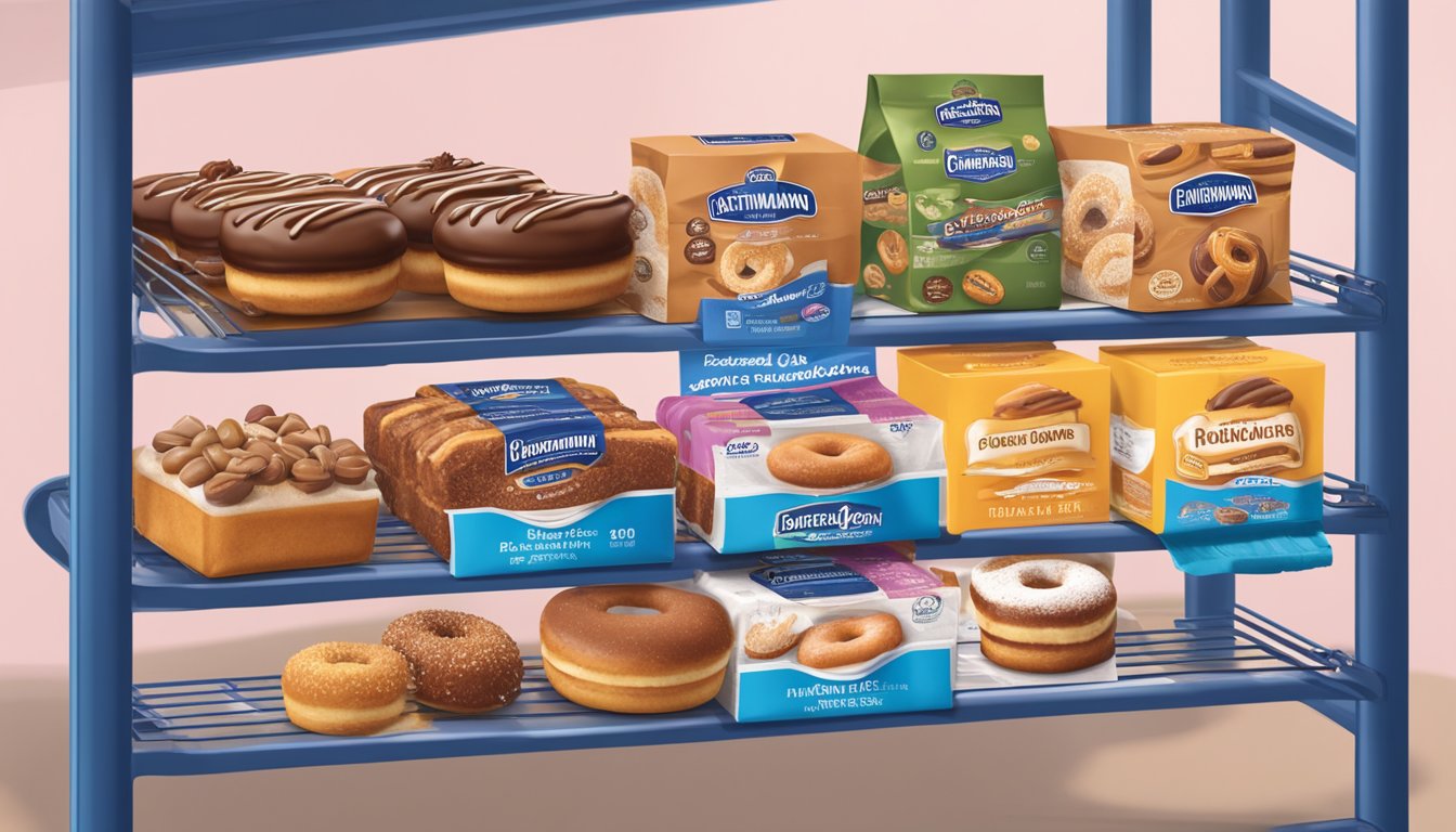 A shelf filled with various Entenmann's Baked Goods, including donuts, cakes, and pastries, with expiration dates clearly labeled on each package