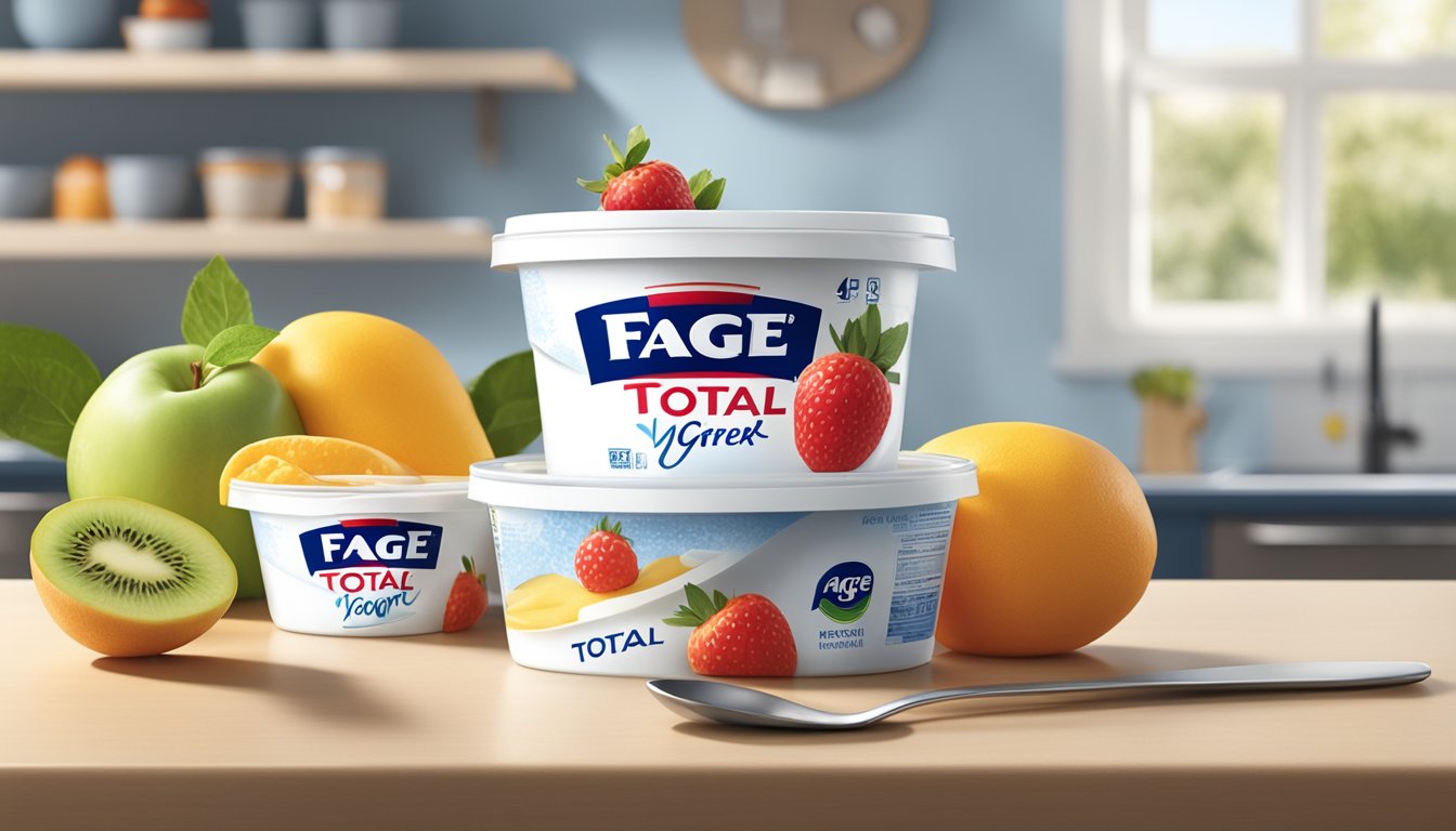 A container of Fage Total Greek Yogurt sits unopened on a clean, well-lit kitchen countertop, surrounded by fresh fruit and a spoon