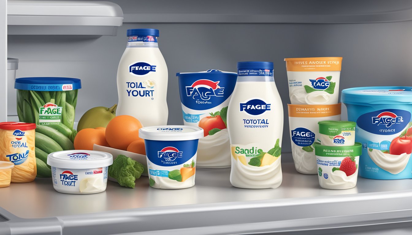 A container of Fage Total Greek Yogurt sits unopened on a refrigerator shelf, surrounded by other dairy products and fresh produce