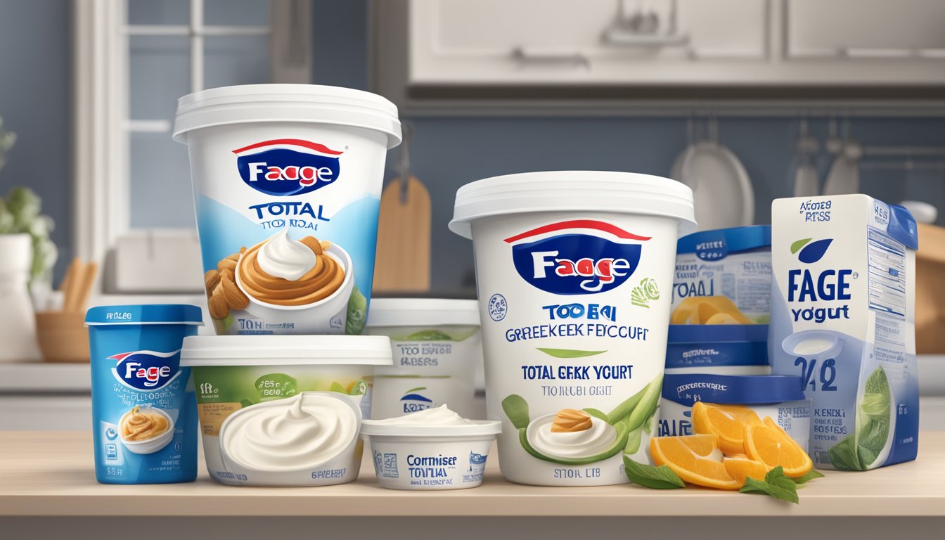 A container of Fage Total Greek Yogurt sits on a kitchen shelf, surrounded by other food items. The expiration date is clearly visible on the packaging