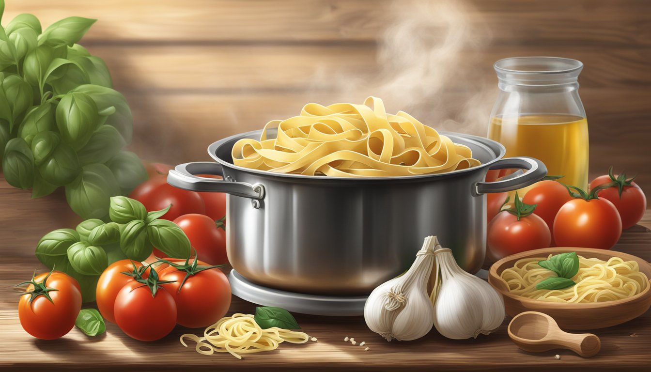 A steaming pot of fettuccine pasta sits on a rustic wooden table, surrounded by fresh ingredients like tomatoes, basil, and garlic