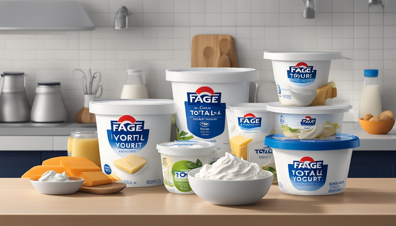 A tub of Fage Total Greek Yogurt sits on a kitchen counter, surrounded by various dairy products. The expiration date is clearly visible on the packaging