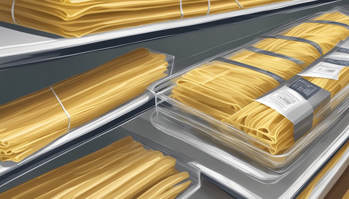 A sealed package of uncooked fettuccine pasta sitting on a pantry shelf