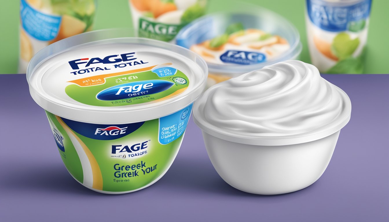 A sealed container of Fage Total Greek Yogurt with a "best by" date on the label