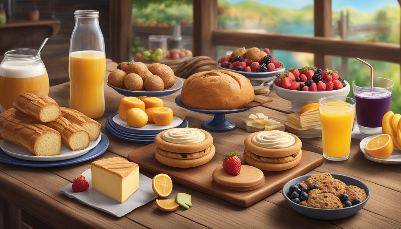 An assortment of Entenmann's Baked Goods displayed on a rustic wooden table, surrounded by fresh fruits, cheeses, and a variety of beverages