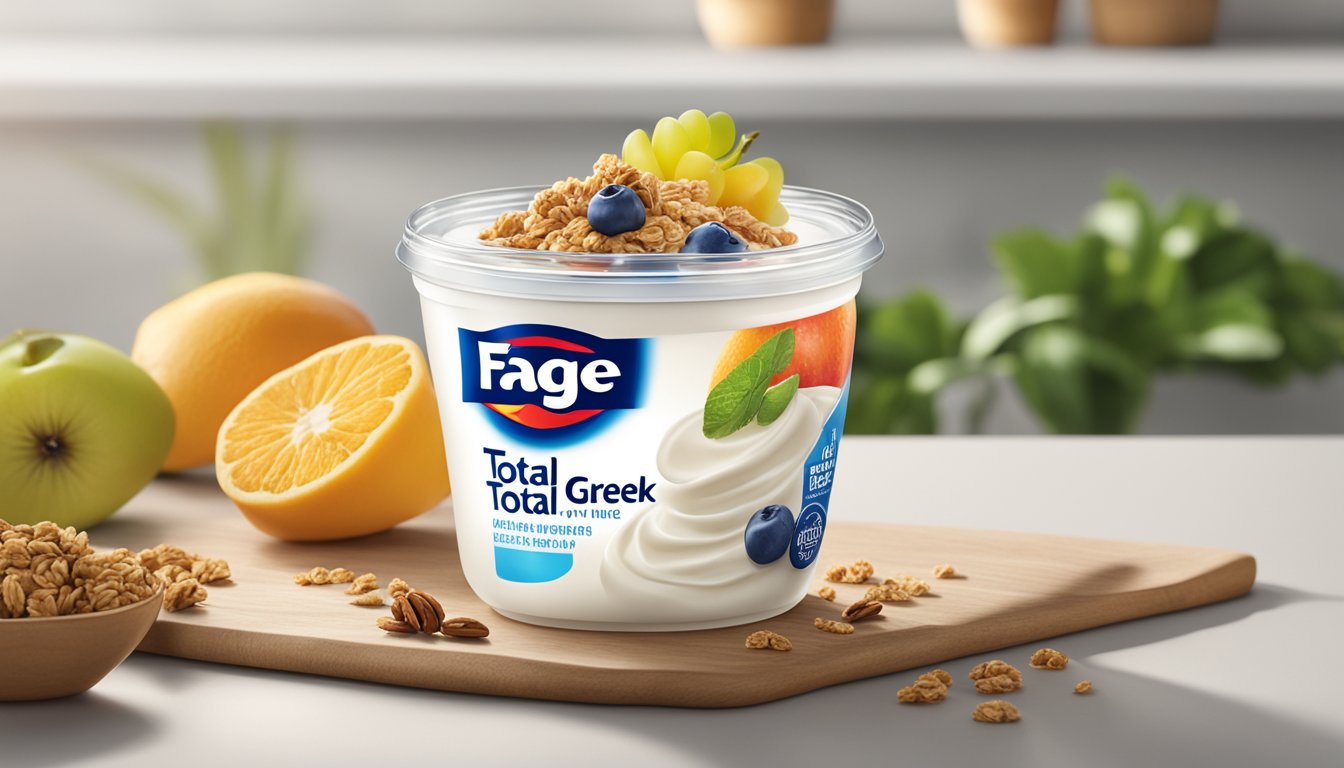 A jar of Fage Total Greek Yogurt sits on a kitchen counter, surrounded by fresh fruit and granola. The lid is partially peeled back, revealing the creamy texture inside