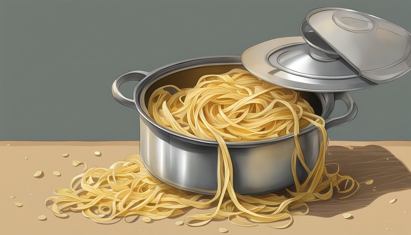 A pot of fettuccine pasta left out for several days, covered in mold and emitting a foul odor