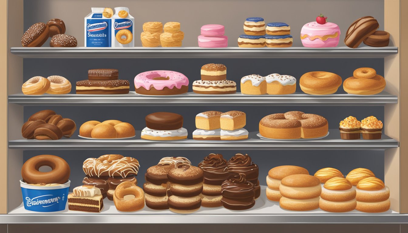 A variety of Entenmann's Baked Goods, including donuts, cakes, and pastries, are neatly arranged on a shelf with a "best by" date clearly displayed