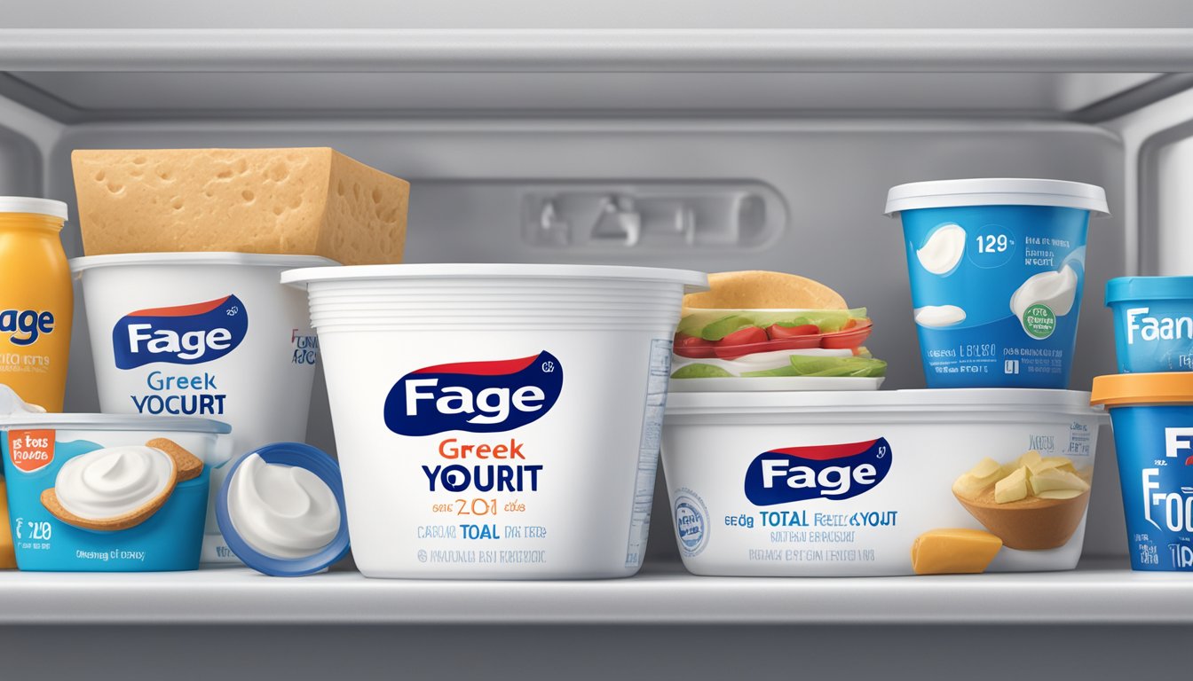 A sealed container of Fage Total Greek Yogurt sits in a refrigerator, surrounded by other food items. The expiration date is visible on the packaging