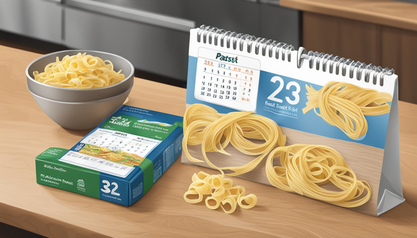 A package of fettuccine pasta sits on a kitchen counter, next to a calendar showing the current date. The pasta is sealed and unopened, with a "best by" date clearly visible