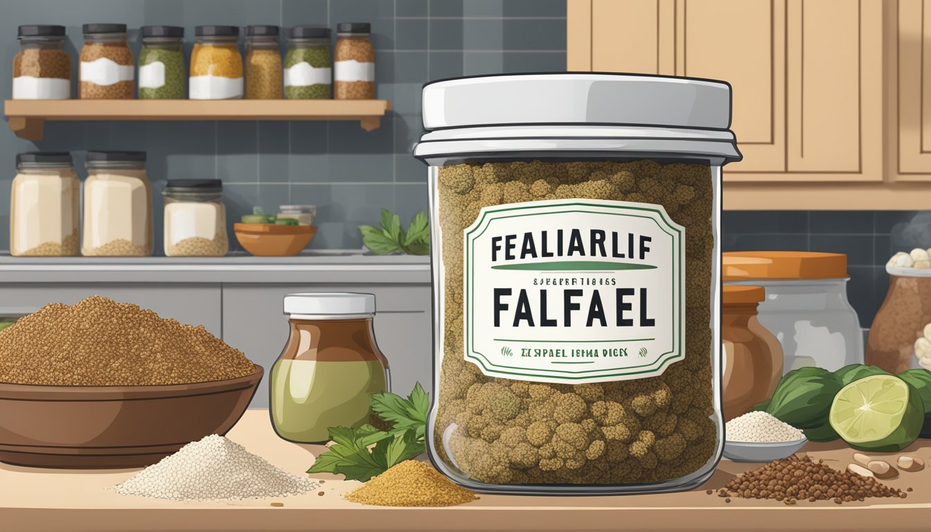 A jar of falafel mix sits on a kitchen counter, surrounded by various spices and ingredients. The mix is sealed and labeled with an expiration date