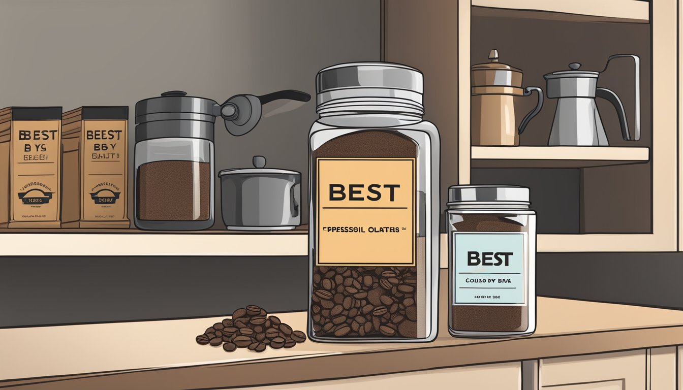 A jar of espresso powder sits on a kitchen shelf, next to a coffee grinder and a bag of coffee beans. The jar is labeled with a "best by" date