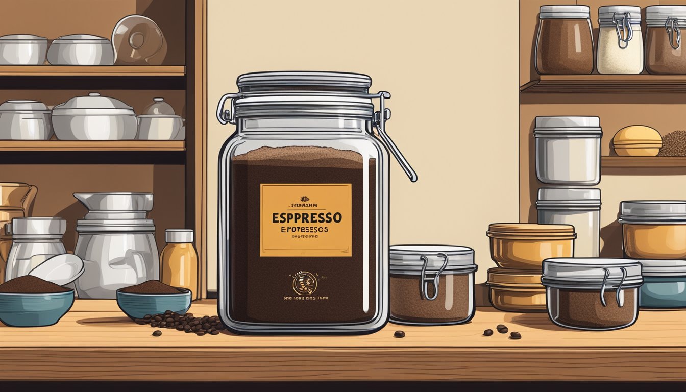 A jar of espresso powder sits on a kitchen shelf, surrounded by various food items. The lid is tightly sealed, and the powder appears dry and fine