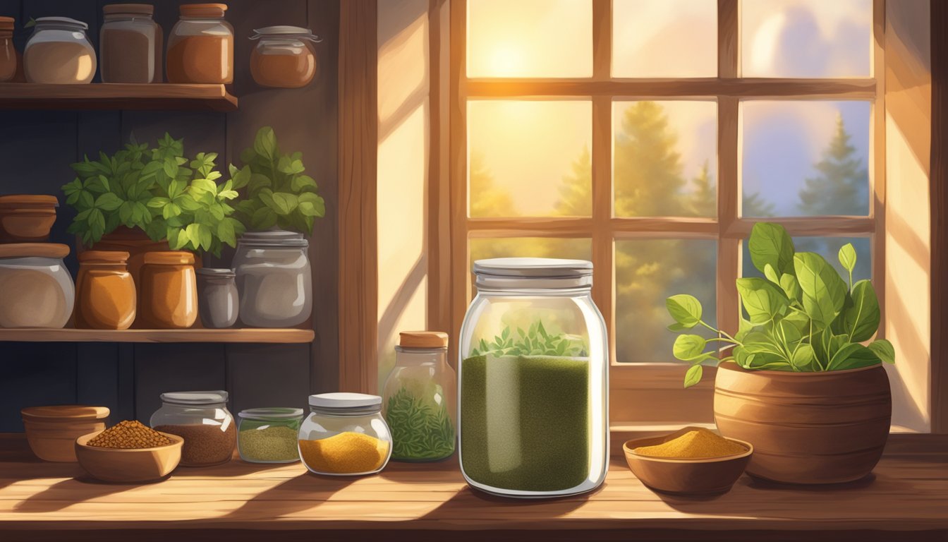 A rustic kitchen with a jar of filé powder on a wooden shelf, surrounded by herbs and spices. The warm glow of sunlight streams through a window, casting soft shadows on the scene