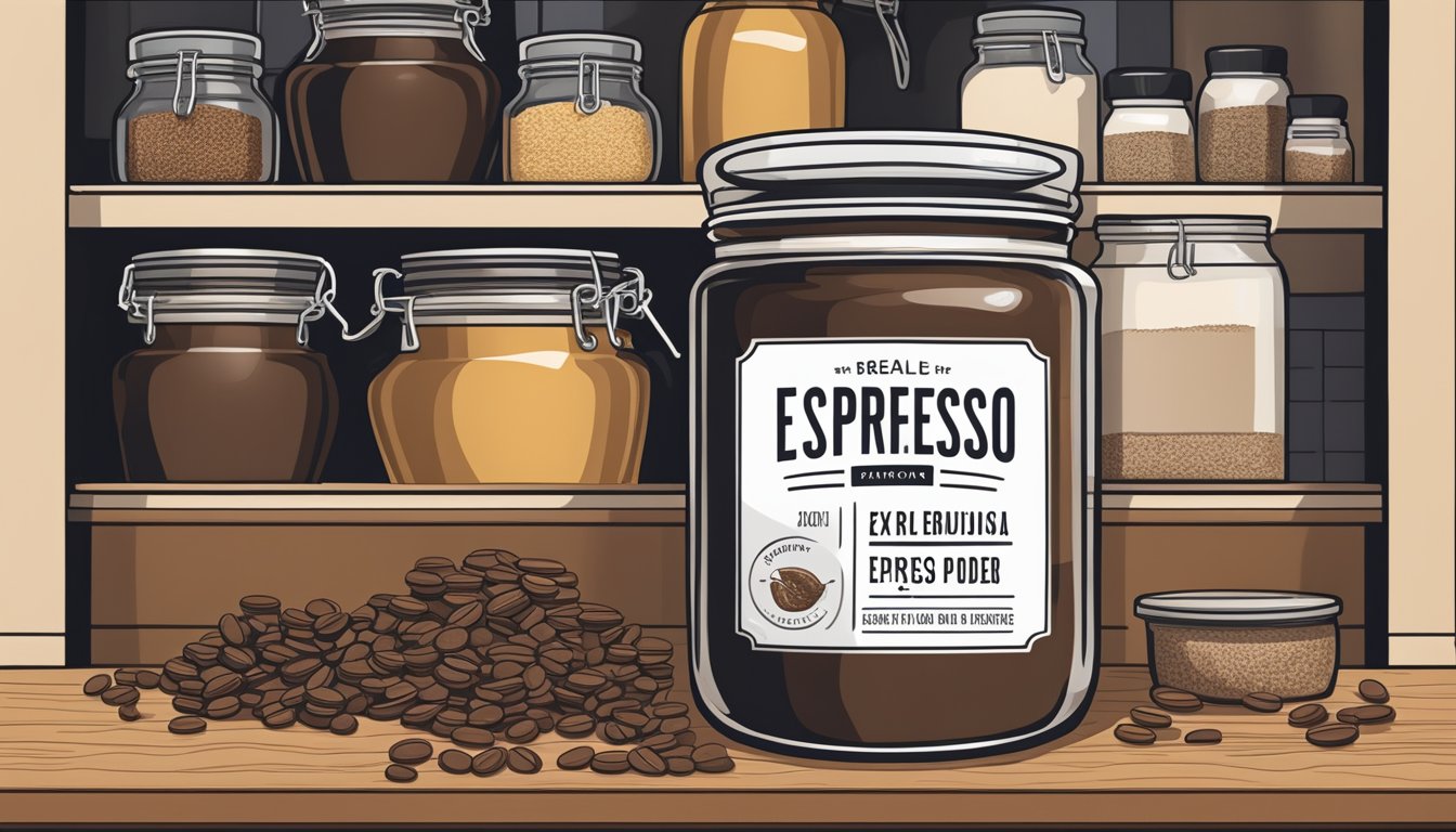 A sealed jar of espresso powder on a pantry shelf, surrounded by other baking ingredients and labeled with expiration date