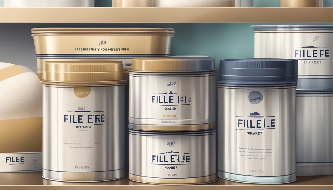 A tightly sealed container of filé powder sits on a shelf, away from direct sunlight and moisture