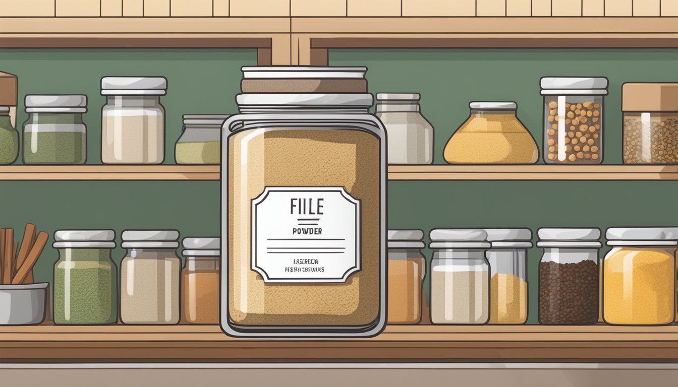 A jar of filé powder sits on a kitchen shelf, next to a row of spices and herbs. The label shows the expiration date