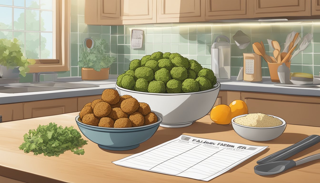 A bowl of falafel mix sits on a kitchen counter, surrounded by ingredients and a calendar showing the current date