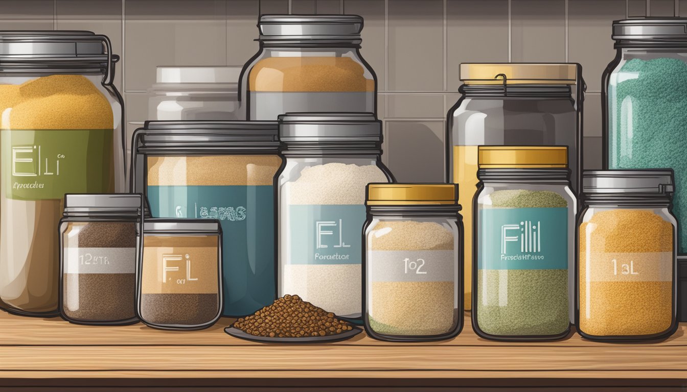 A jar of fil powder sits on a kitchen shelf, surrounded by various spices and ingredients. The label on the jar indicates the expiration date