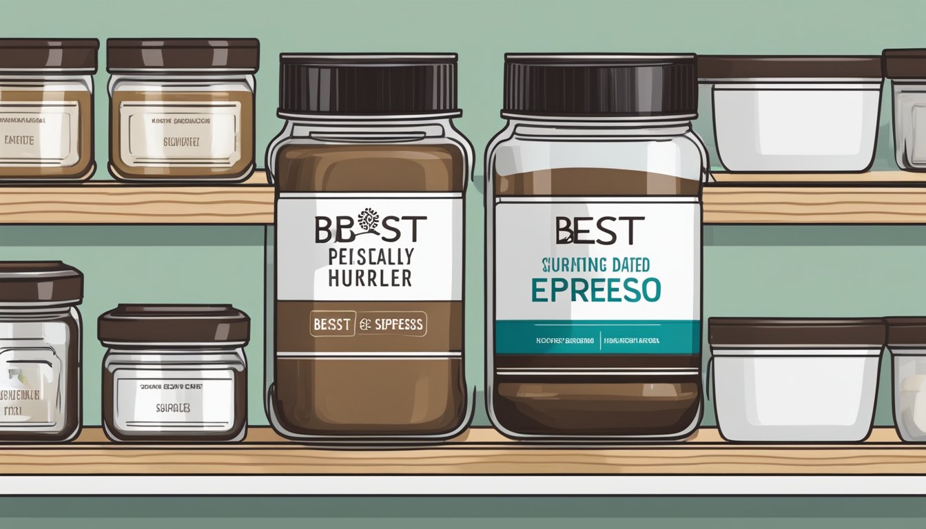 A jar of espresso powder sits on a clean, organized kitchen shelf, with a "best by" date clearly visible on the label