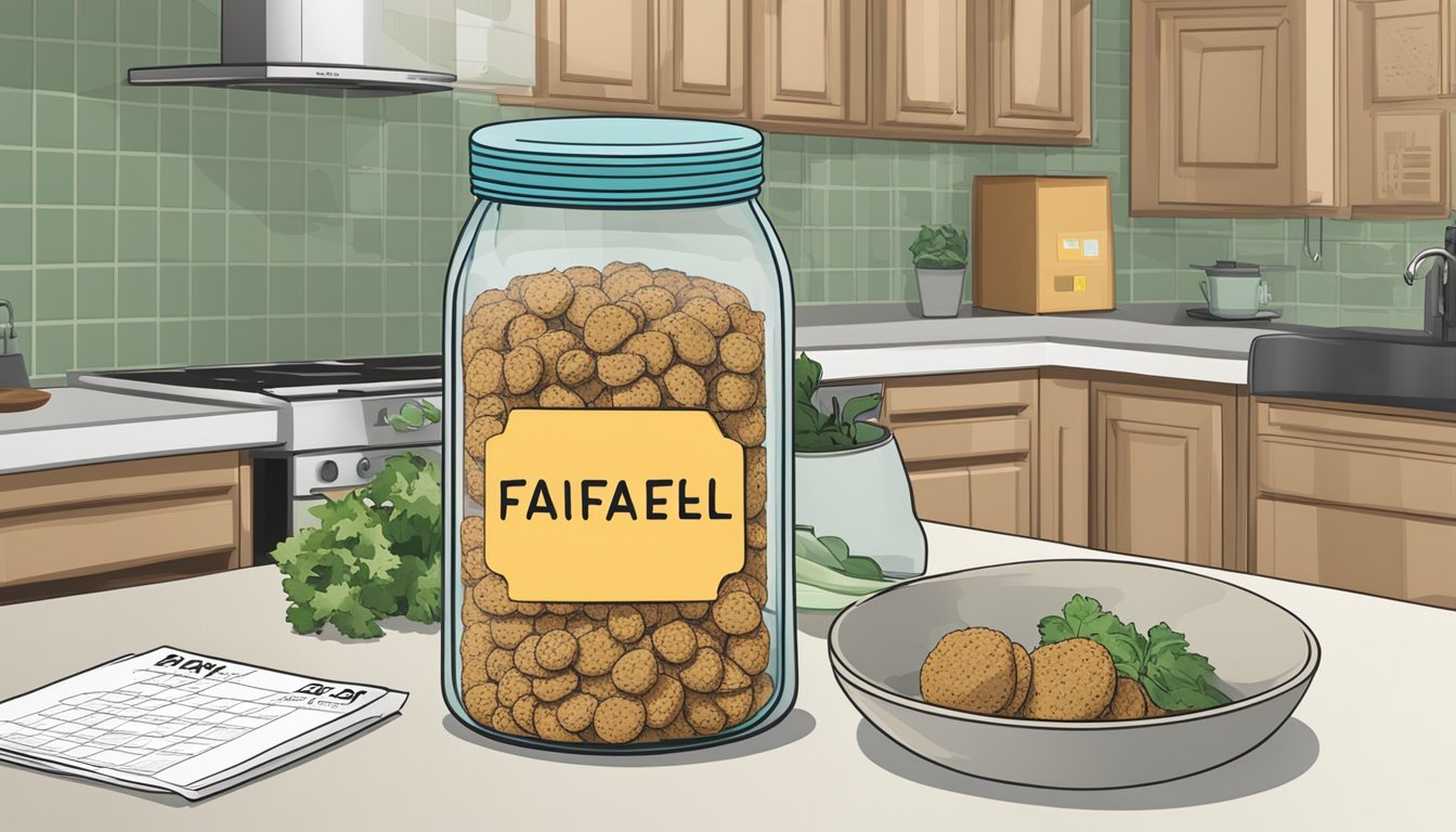 A jar of falafel mix sits on a kitchen counter next to a calendar with the date circled. The mix is sealed and labeled with an expiration date