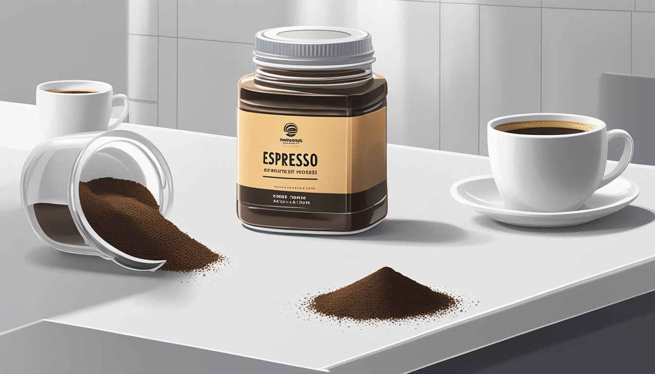 A jar of espresso powder sits on a clean, white countertop next to a stack of freshly brewed espresso cups