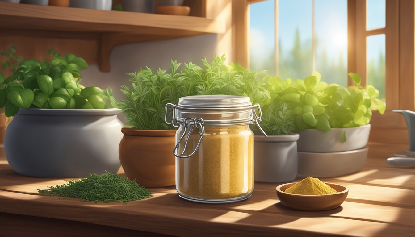 A jar of filé powder sits on a rustic wooden kitchen counter, surrounded by fresh herbs and spices. Sunshine streams through a nearby window, casting a warm glow over the scene