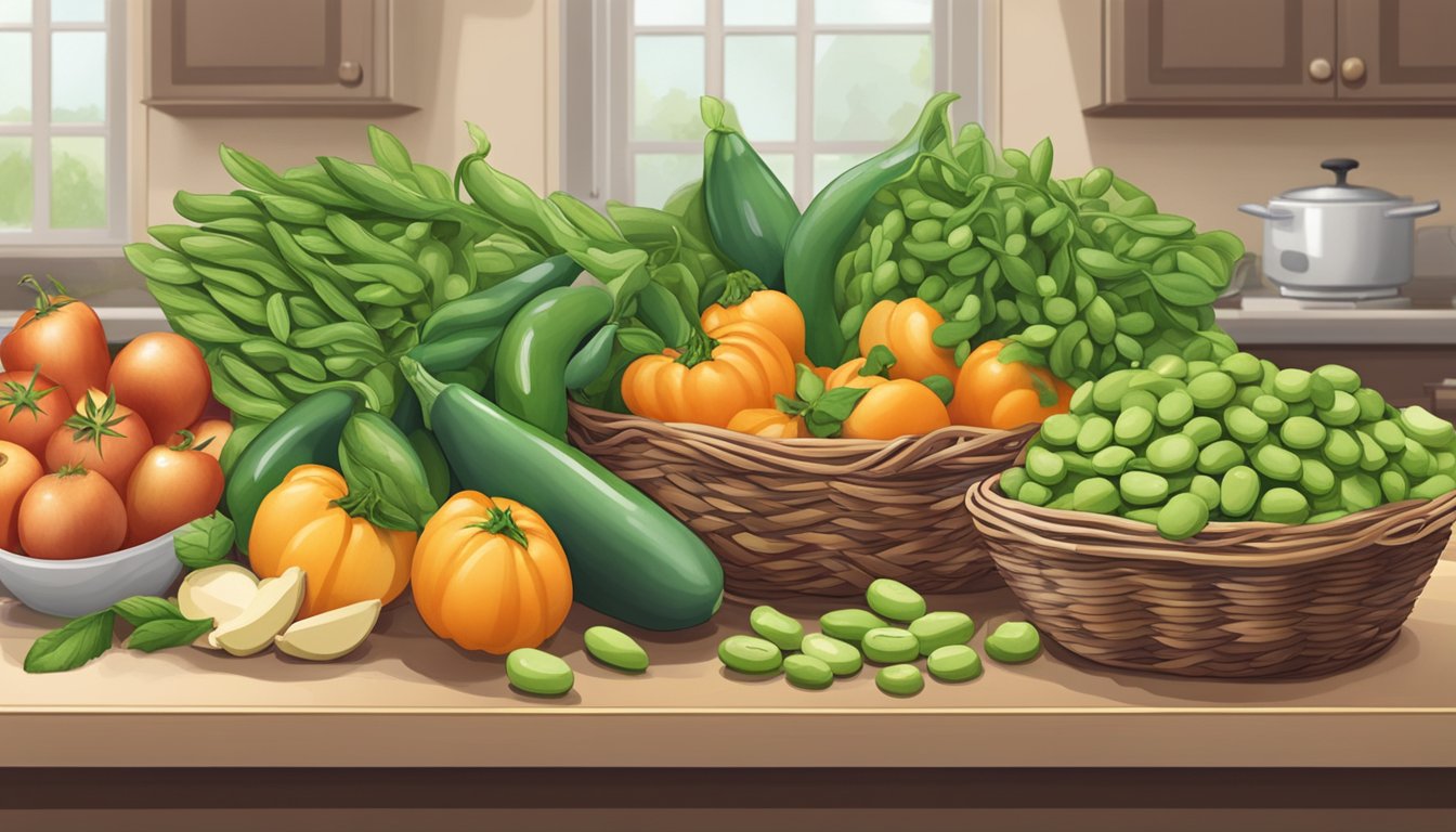 A basket of fava beans on a kitchen counter, surrounded by other fresh produce