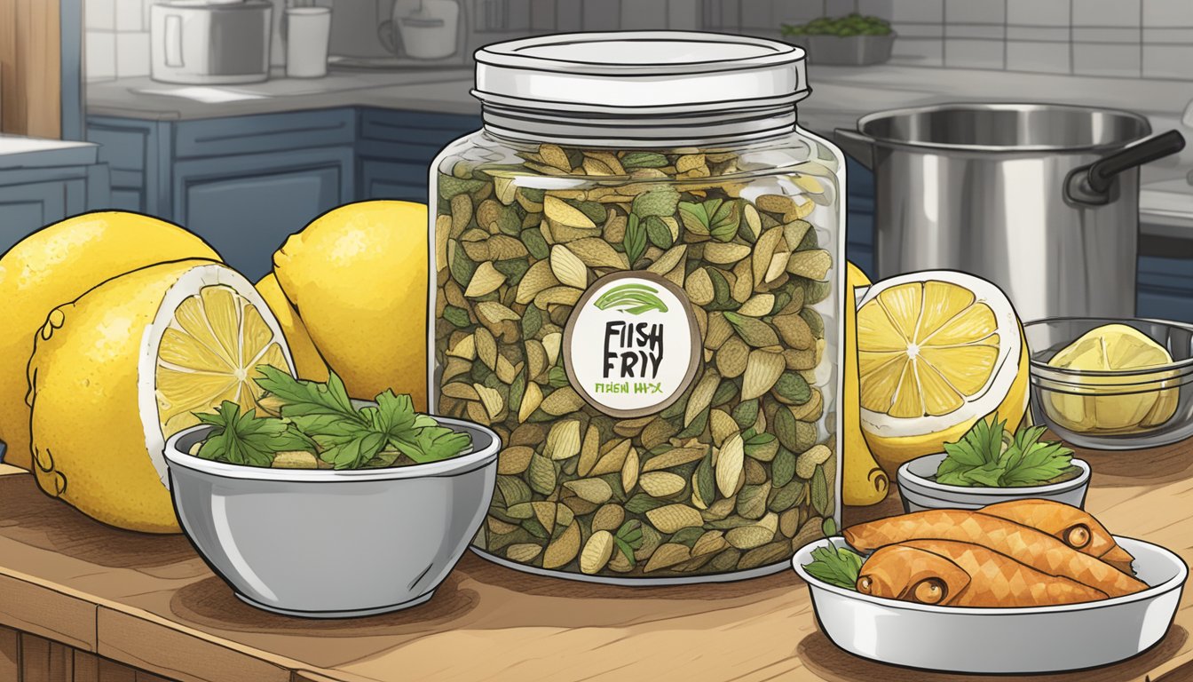 A jar of fish fry mix sits on a kitchen counter, surrounded by fresh fish, lemons, and various spices